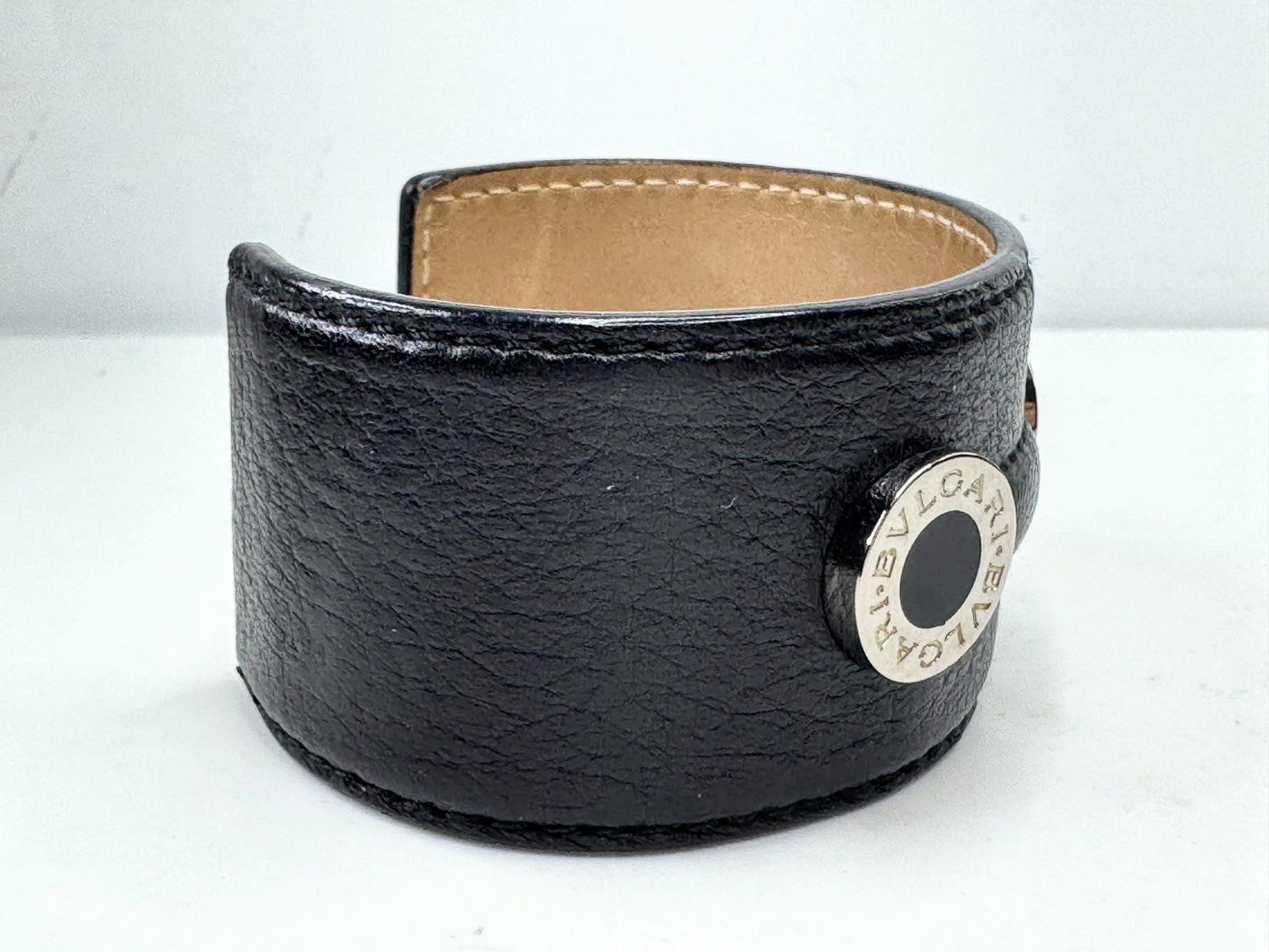 Vintage BVLGARI Leather Cuff Bracelet Sterling Silver Logo Discs Black GS596