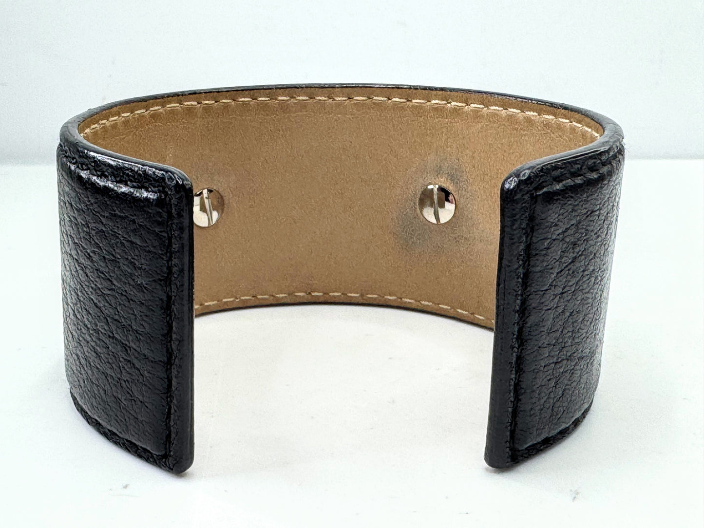 Vintage BVLGARI Leather Cuff Bracelet Sterling Silver Logo Discs Black GS596