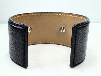 Vintage BVLGARI Leather Cuff Bracelet Sterling Silver Logo Discs Black GS596