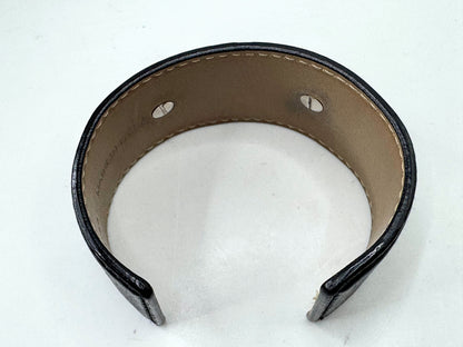 Vintage BVLGARI Leather Cuff Bracelet Sterling Silver Logo Discs Black GS596