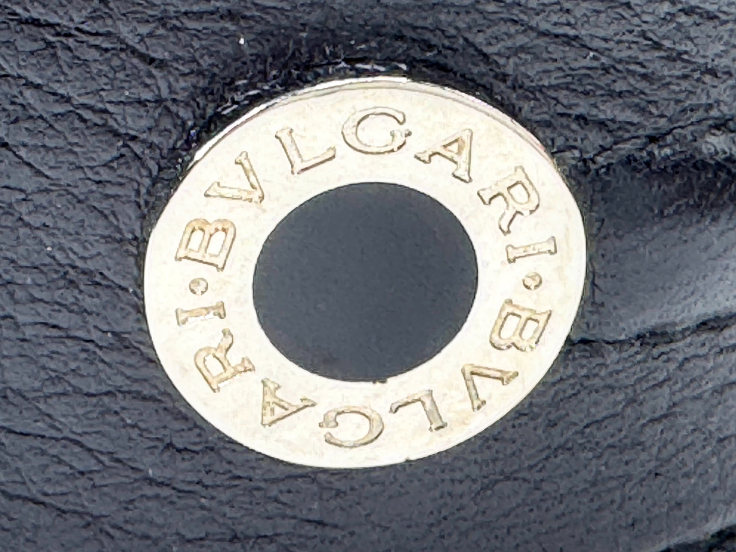 Vintage BVLGARI Leather Cuff Bracelet Sterling Silver Logo Discs Black GS596