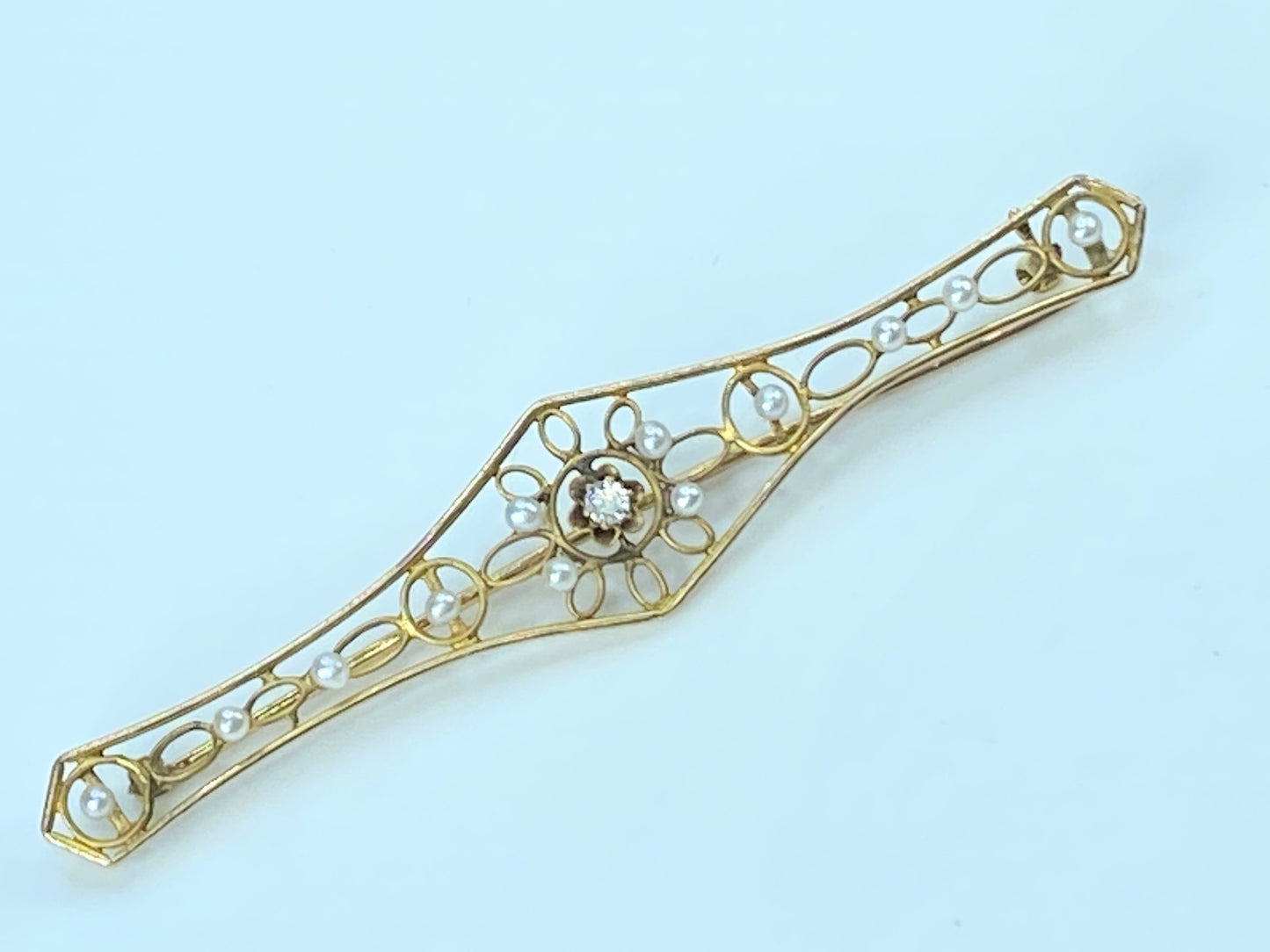 Art Nouveau 10K gold Diamond Seed Pearl Filigree Lingerie Bar Pin
