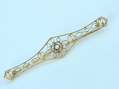 Art Nouveau 10K gold Diamond Seed Pearl Filigree Lingerie Bar Pin