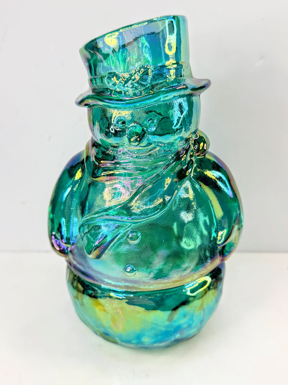 Fenton Carnival Glass Iridescent Aqua Blue Snowman Candle Holder A1072