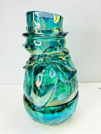 Fenton Carnival Glass Iridescent Aqua Blue Snowman Candle Holder A1072