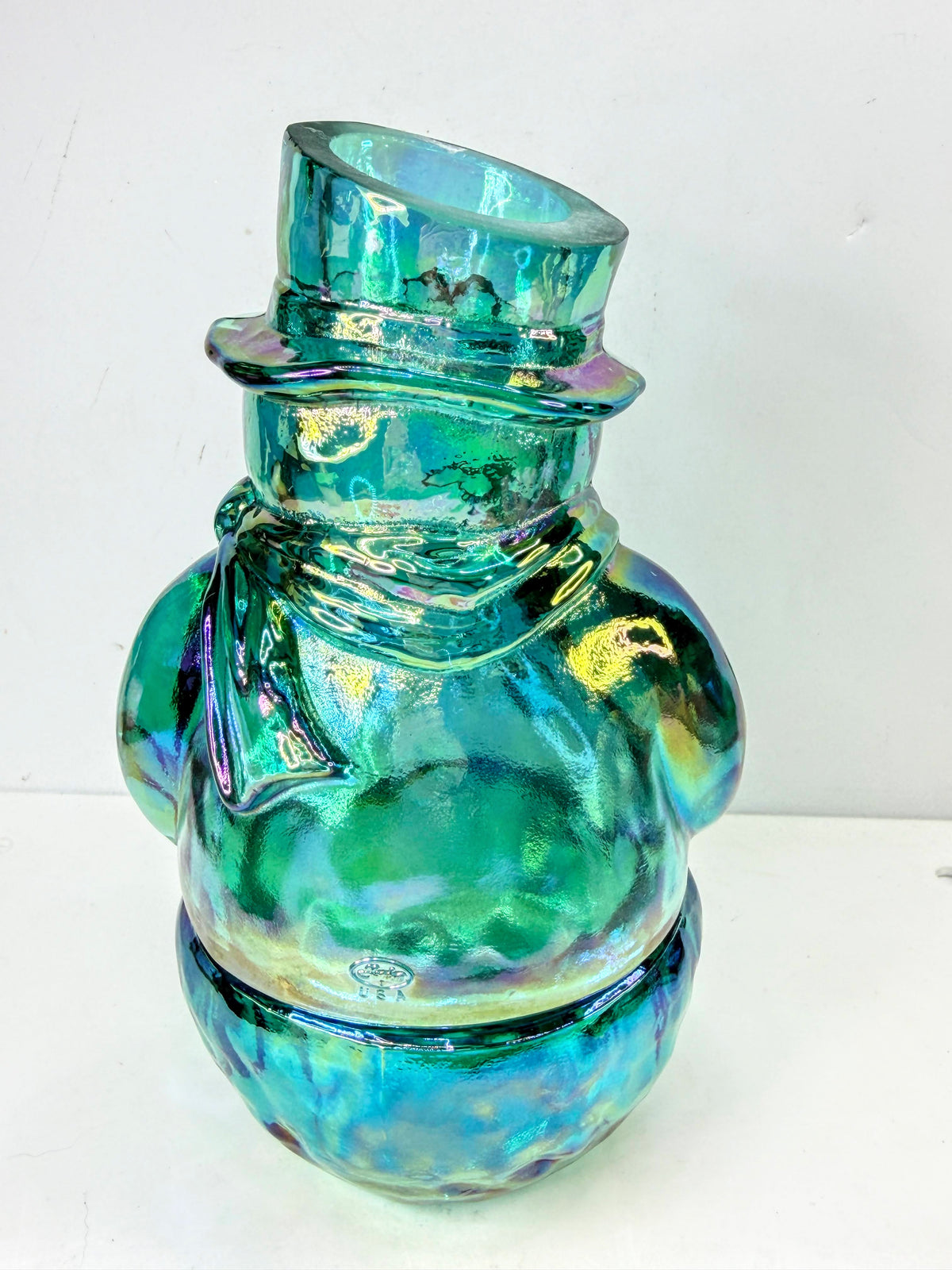 Fenton Carnival Glass Iridescent Aqua Blue Snowman Candle Holder A1072