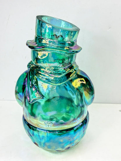 Fenton Carnival Glass Iridescent Aqua Blue Snowman Candle Holder A1072