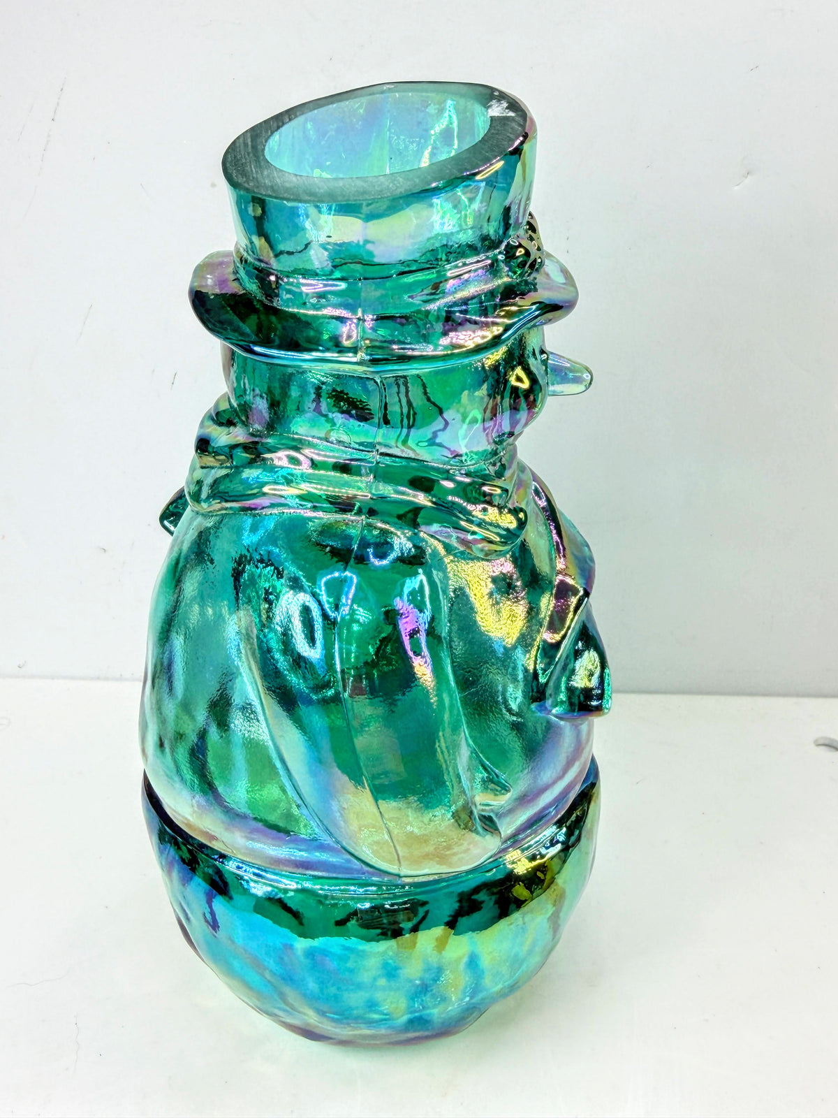Fenton Carnival Glass Iridescent Aqua Blue Snowman Candle Holder A1072