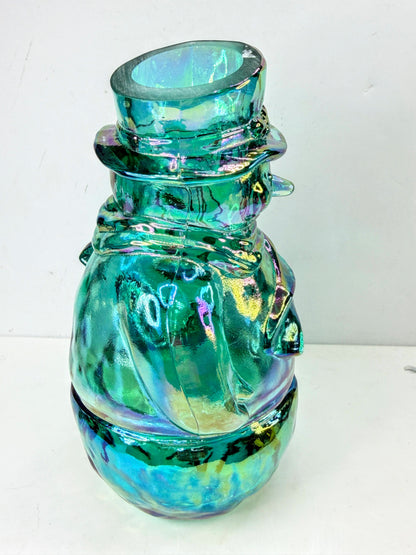 Fenton Carnival Glass Iridescent Aqua Blue Snowman Candle Holder A1072