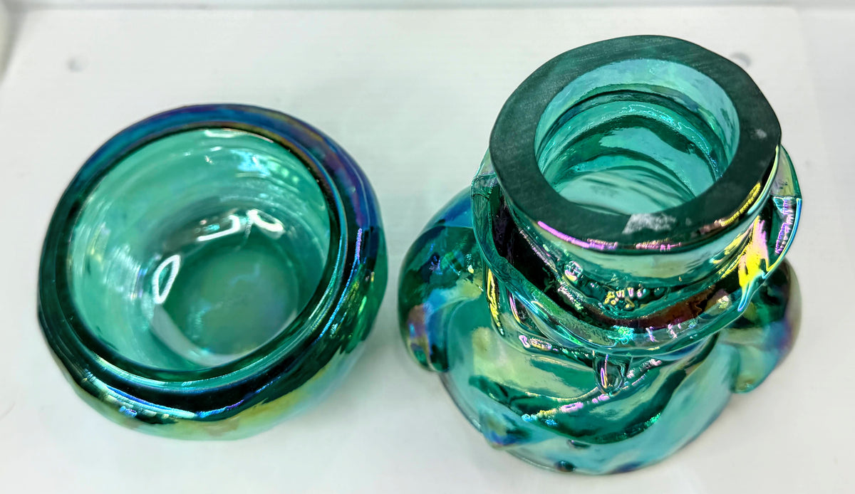 Fenton Carnival Glass Iridescent Aqua Blue Snowman Candle Holder A1072