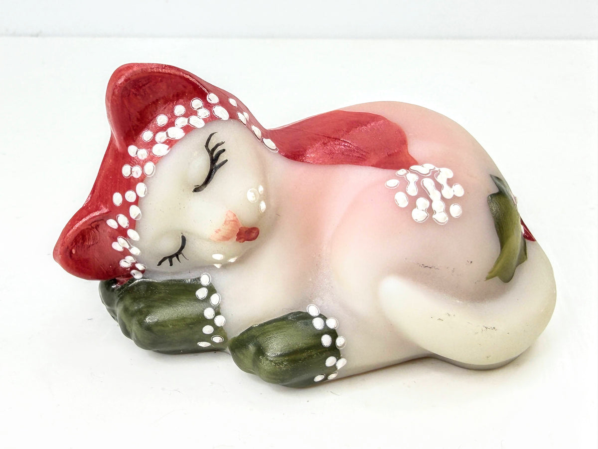 Fenton 2004 Hand Painted Sleeping Christmas Kitten Figurine Signed D Bauer A1073