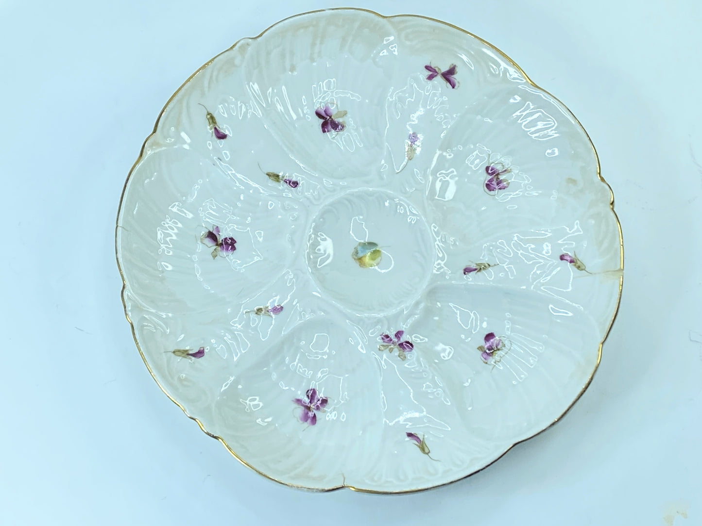 Antique Victoria Carlsbad Austria Purple Pansy gilt 5 well Oyster plate A432