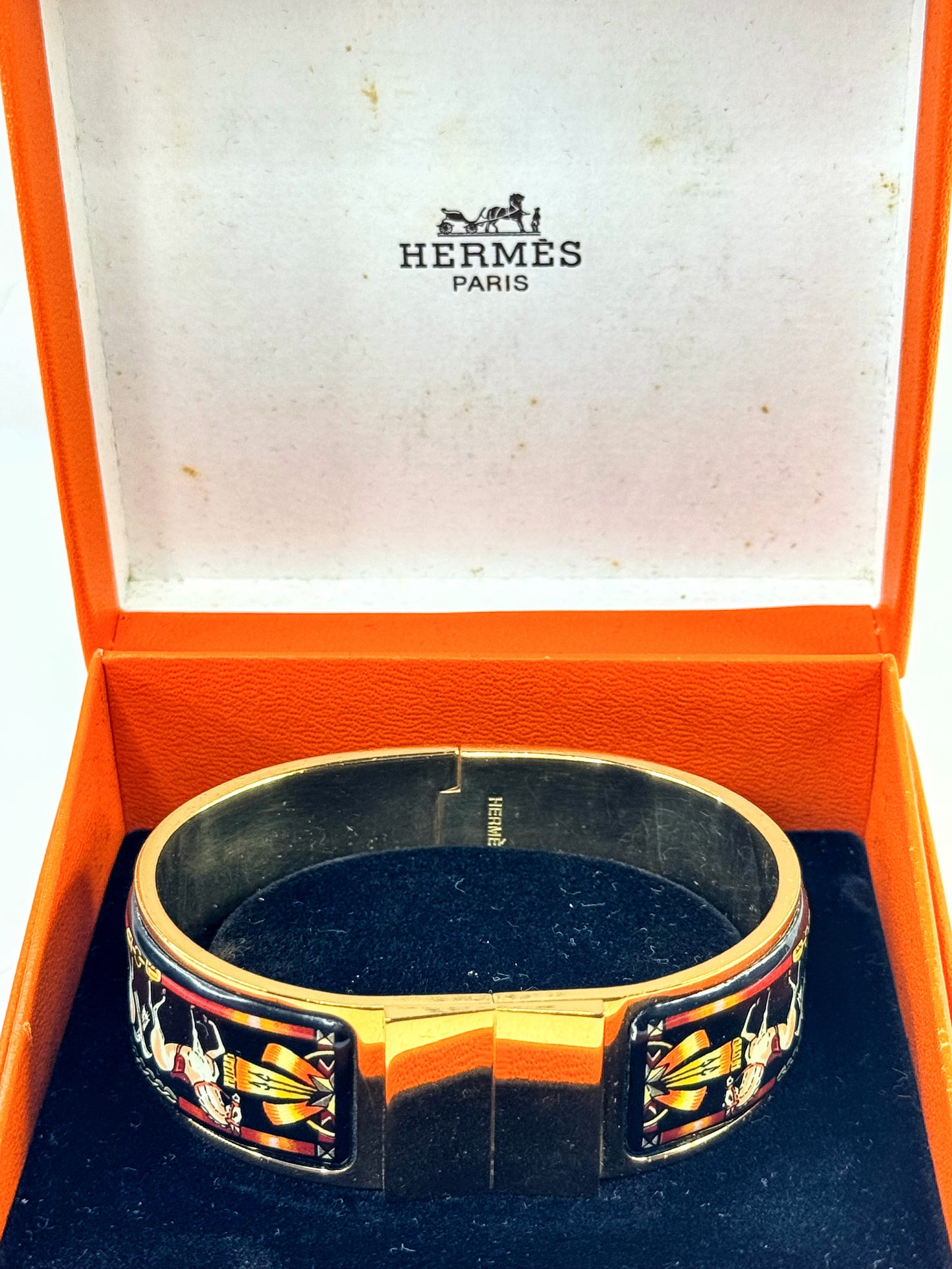 Vintage Hermès Enamel Clic Clac H Bracelet Gold Tone 7" Wide Bangle w/box GS801
