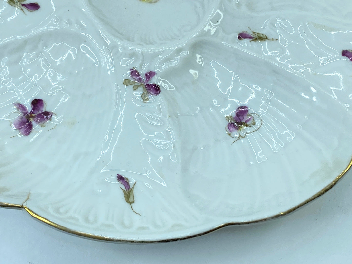 Antique Victoria Carlsbad Austria Purple Pansy gilt 5 well Oyster plate A432