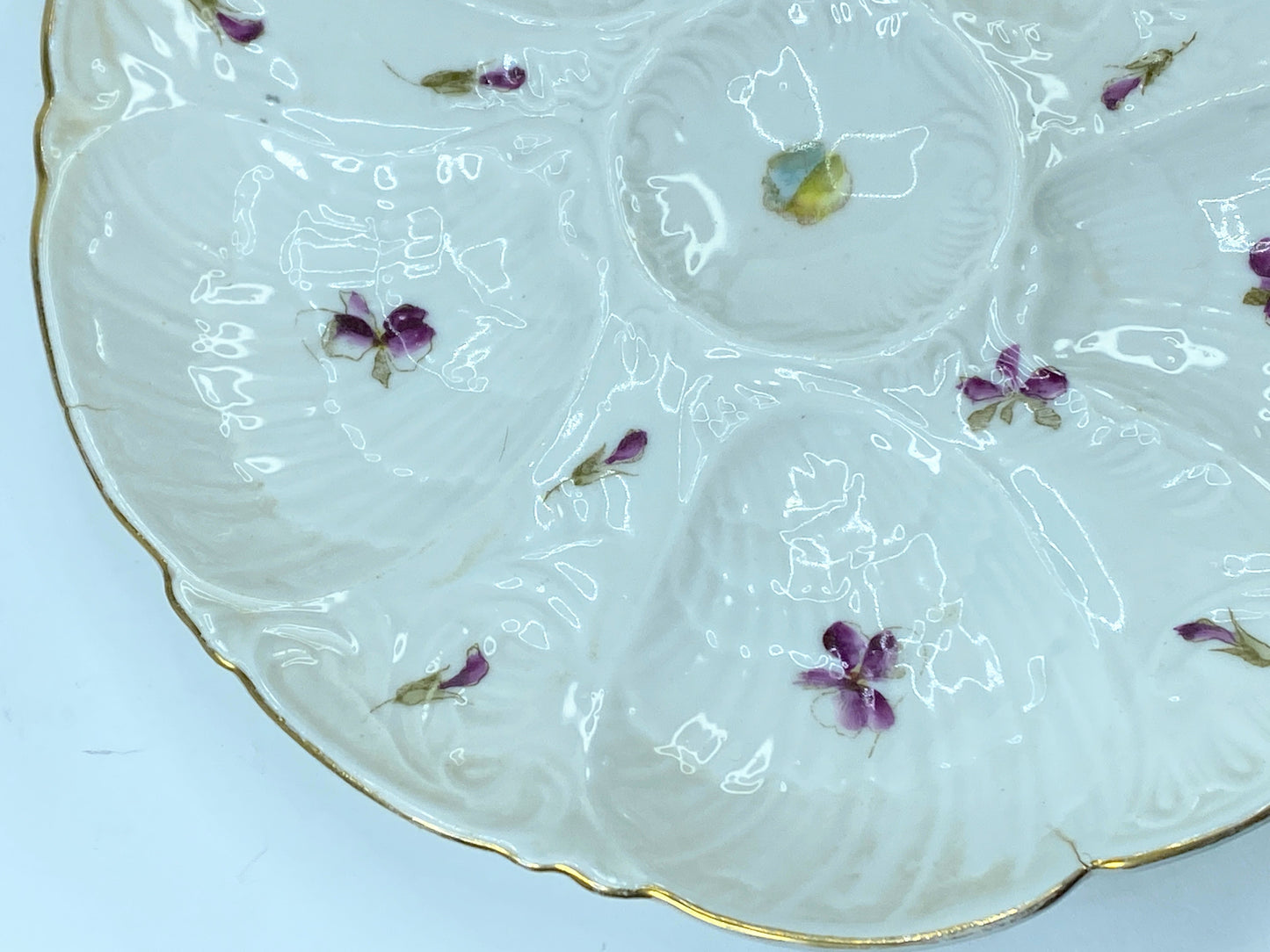 Antique Victoria Carlsbad Austria Purple Pansy gilt 5 well Oyster plate A432