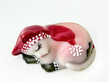 Fenton 2004 Hand Painted Sleeping Christmas Kitten Figurine Signed D Bauer A1073