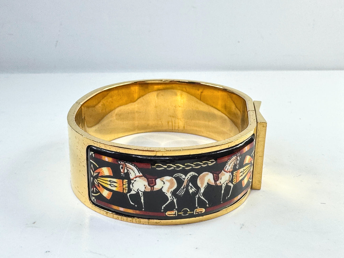 Vintage Hermès Enamel Clic Clac H Bracelet Gold Tone 7" Wide Bangle w/box GS801