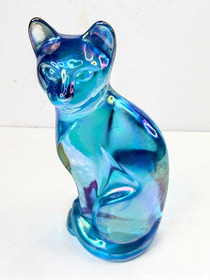 Fenton Iridescent Blue Carnival Glass Cat Figurine Etched Signature A1074
