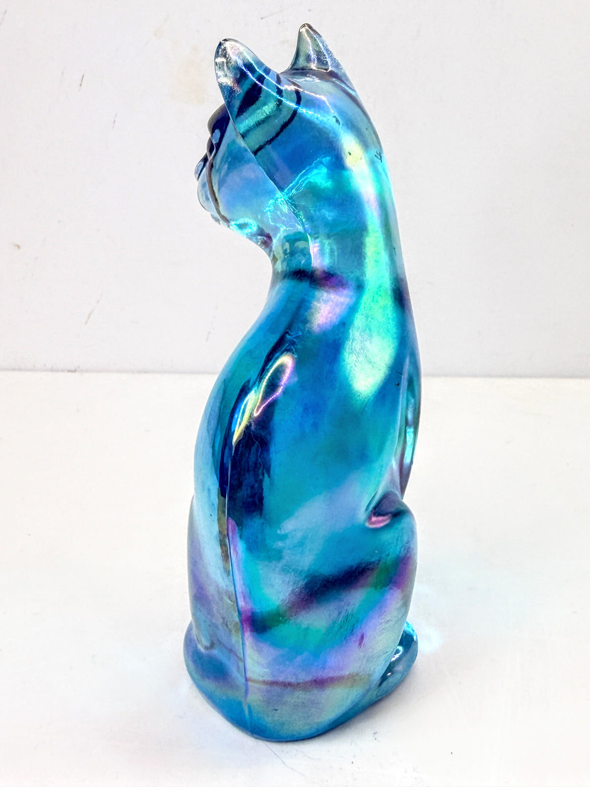 Fenton Iridescent Blue Carnival Glass Cat Figurine Etched Signature A1074