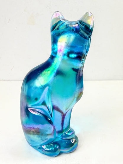 Fenton Iridescent Blue Carnival Glass Cat Figurine Etched Signature A1074