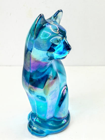 Fenton Iridescent Blue Carnival Glass Cat Figurine Etched Signature A1074