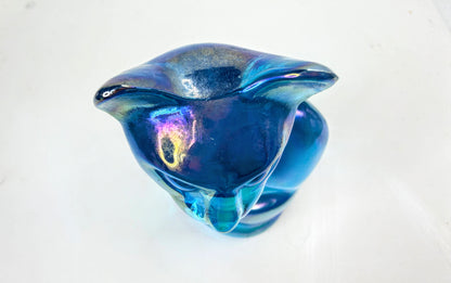Fenton Iridescent Blue Carnival Glass Cat Figurine Etched Signature A1074