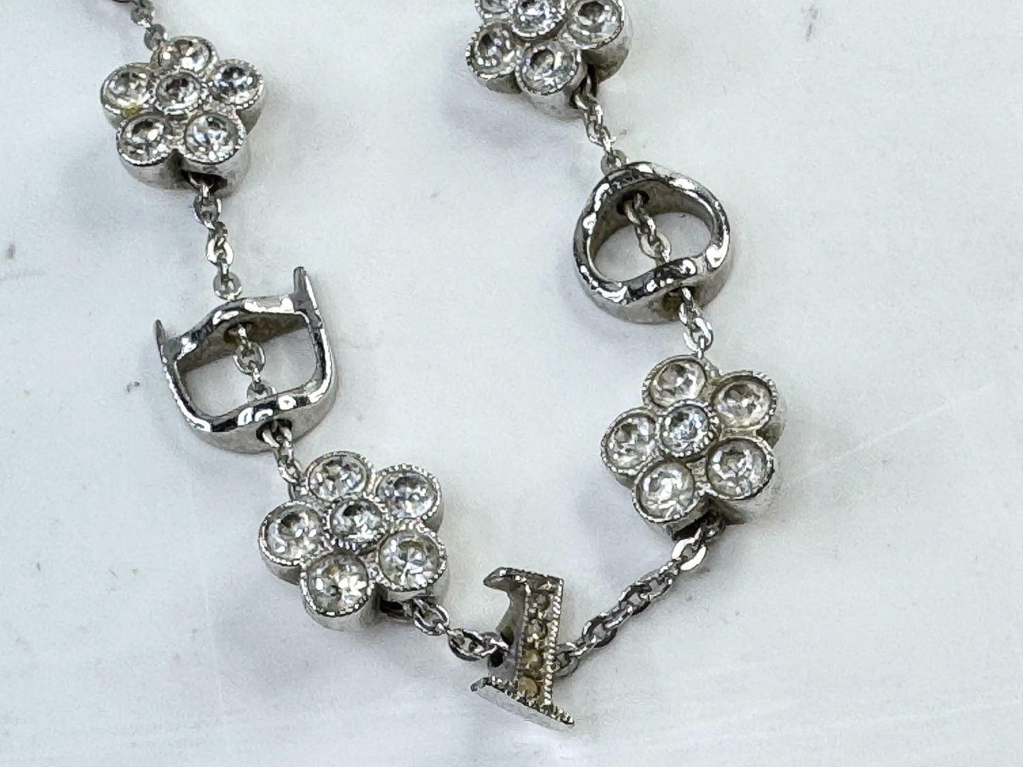 Vintage Christian Dior Crystal clear rhinestones Floral Link Bracelet 7" GS802