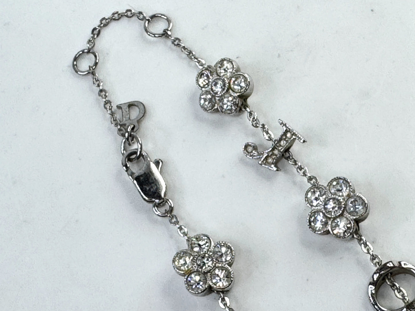 Vintage Christian Dior Crystal clear rhinestones Floral Link Bracelet 7" GS802