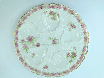 GDA Limoges 5 Well Oyster Plate Hand Painted Porcelain Pink Flowers border A435