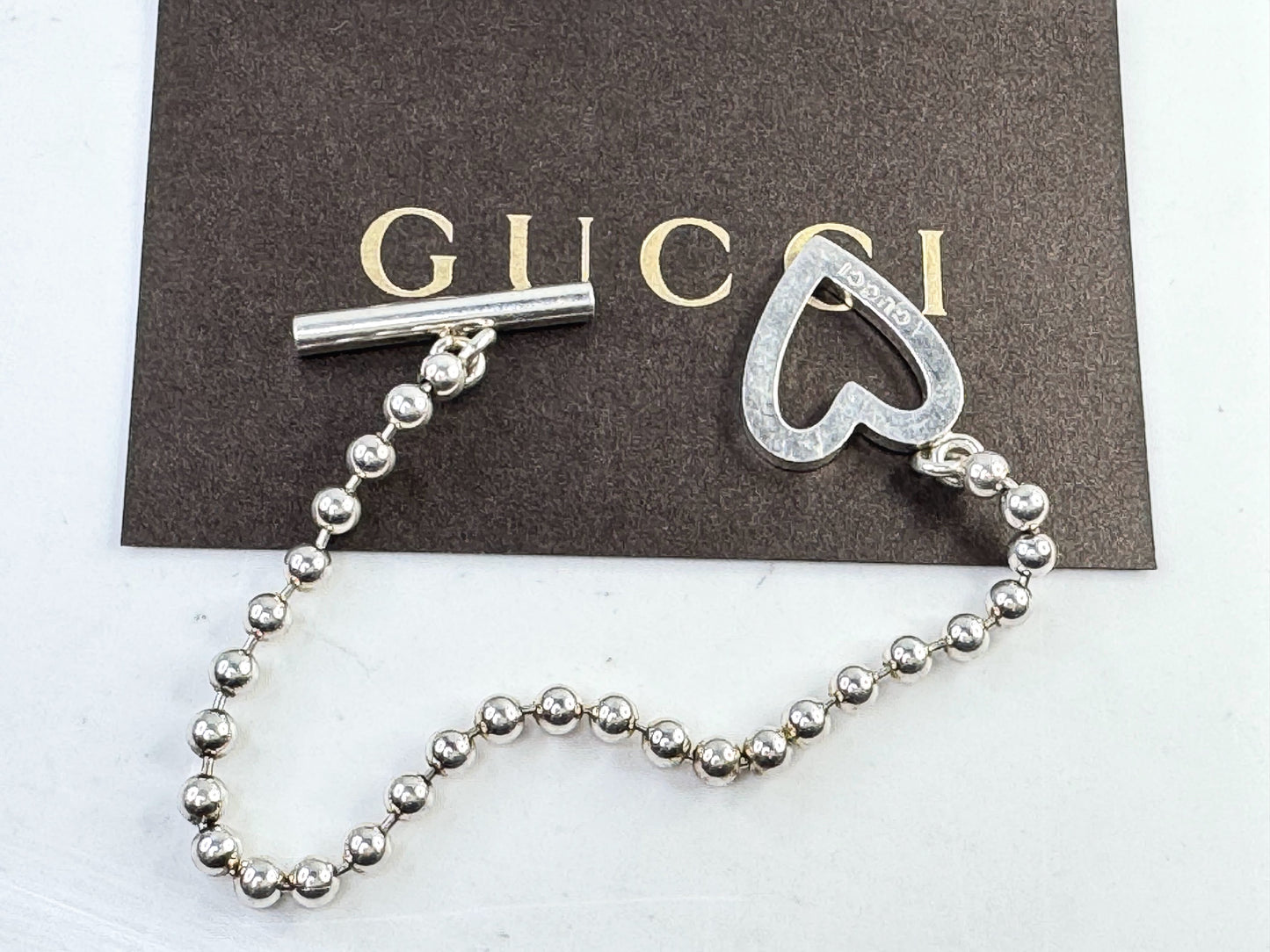 Vintage Gucci Sterling Silver Heart Toggle Bracelet Beaded Chain JR1614