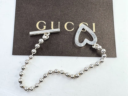 Vintage Gucci Sterling Silver Heart Toggle Bracelet Beaded Chain JR1614