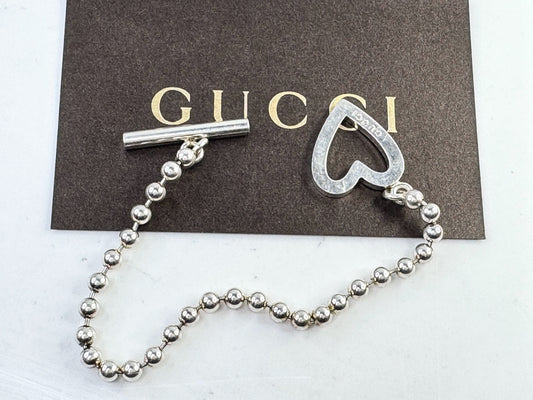 Vintage Gucci Sterling Silver Heart Toggle Bracelet Beaded Chain JR1614