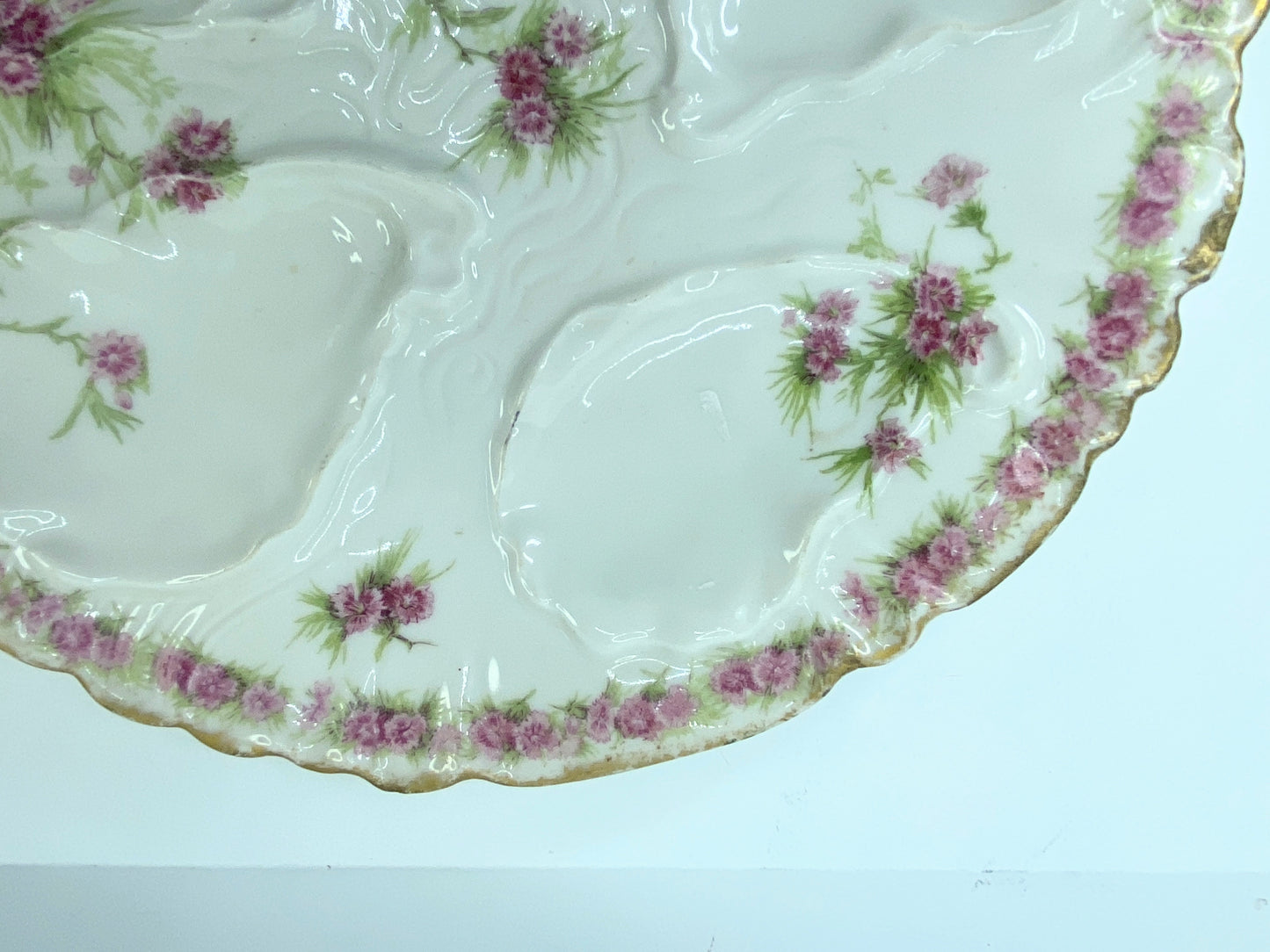 GDA Limoges 5 Well Oyster Plate Hand Painted Porcelain Pink Flowers border A435