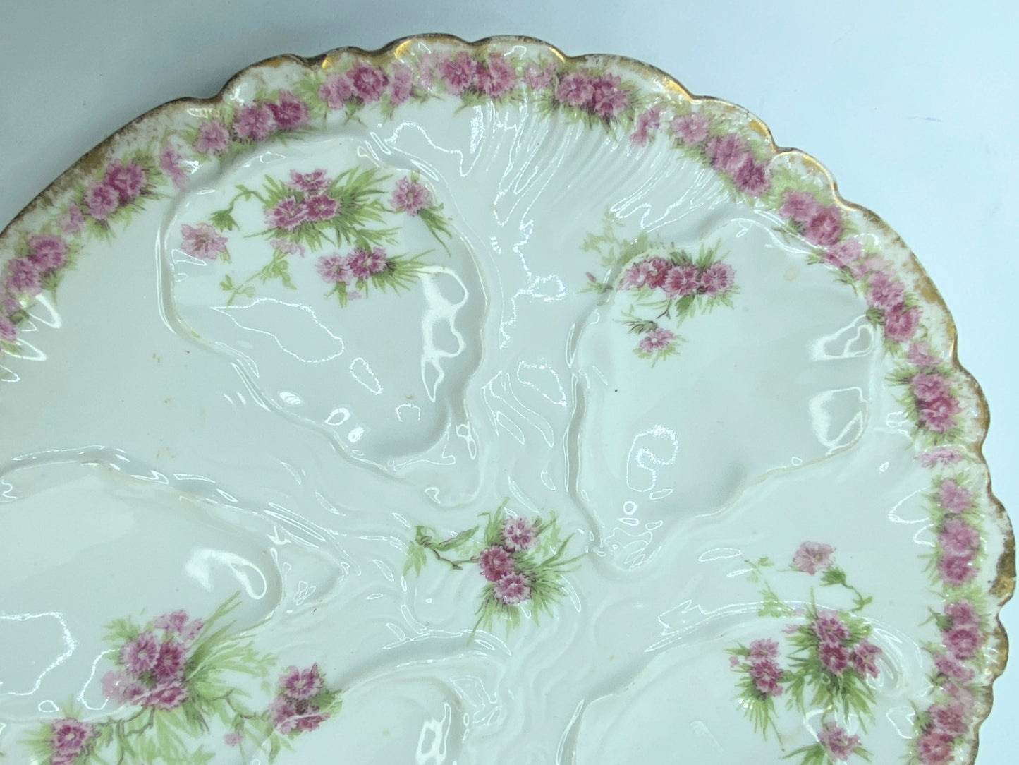GDA Limoges 5 Well Oyster Plate Hand Painted Porcelain Pink Flowers border A435