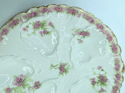 GDA Limoges 5 Well Oyster Plate Hand Painted Porcelain Pink Flowers border A435