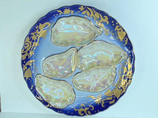 19th cent Haviland Limoges cobalt blue gold encrusted 5 well Oyster plate A436