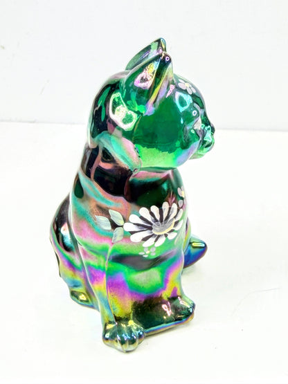 Fenton Spruce Green Carnival Hand-Painted Sitting Cat S. Shepherd A1075