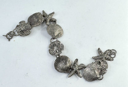 Vintage Sterling Silver Seashell Starfish Sand Dollar Bracelet JR1615