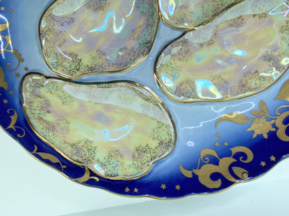 19th cent Haviland Limoges cobalt blue gold encrusted 5 well Oyster plate A436