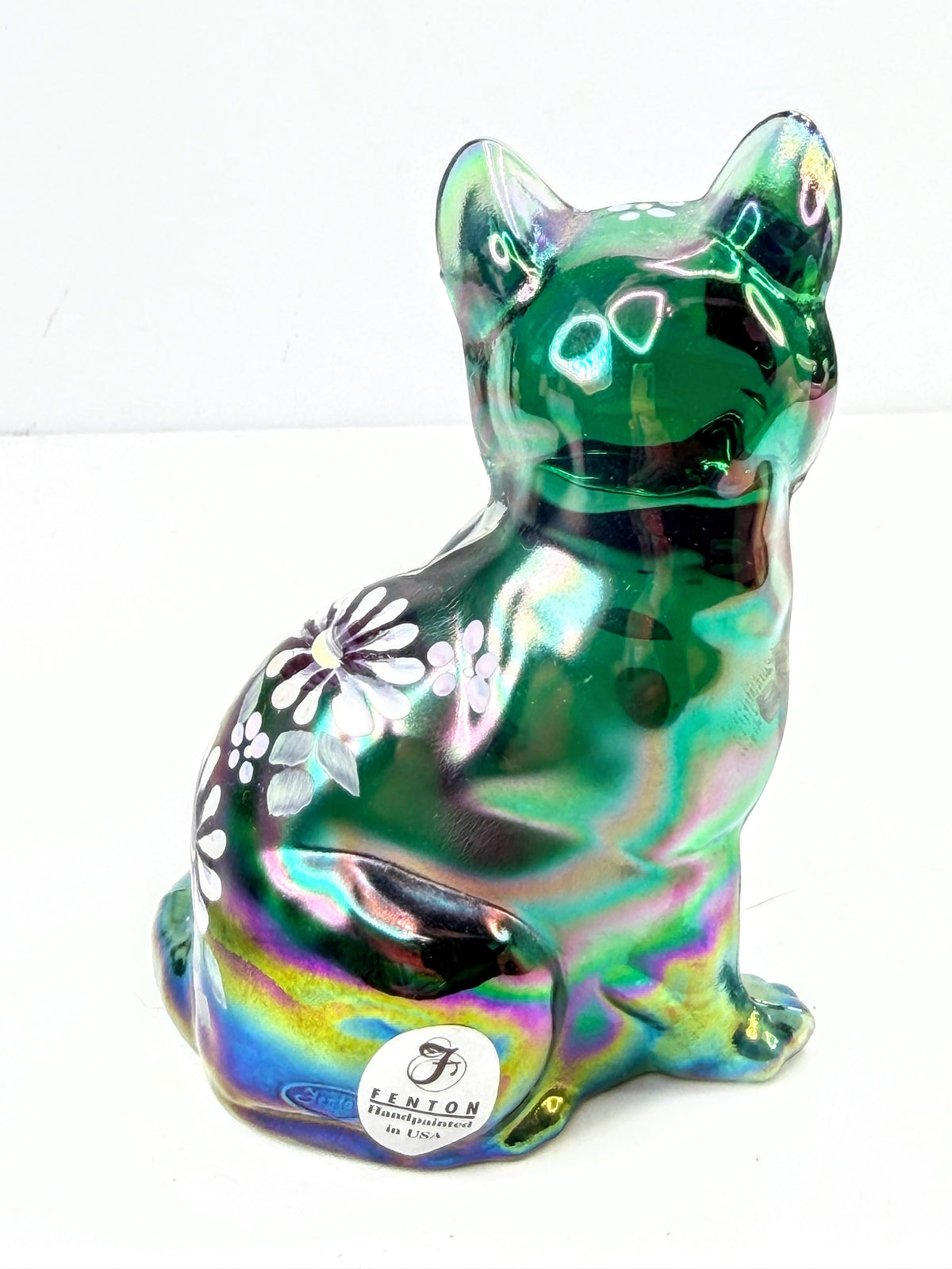 Fenton Spruce Green Carnival Hand-Painted Sitting Cat S. Shepherd A1075
