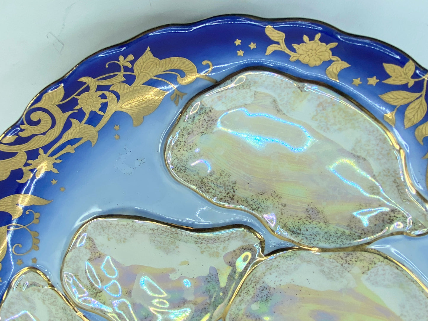 19th cent Haviland Limoges cobalt blue gold encrusted 5 well Oyster plate A436