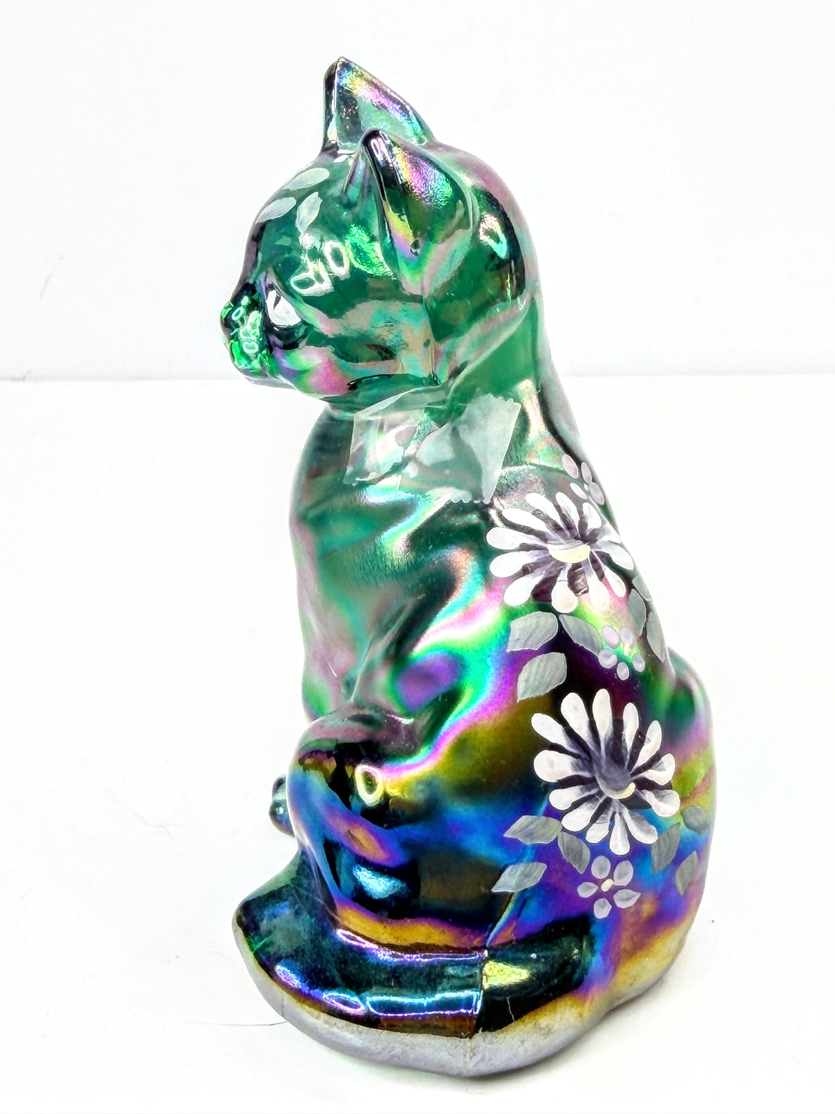 Fenton Spruce Green Carnival Hand-Painted Sitting Cat S. Shepherd A1075