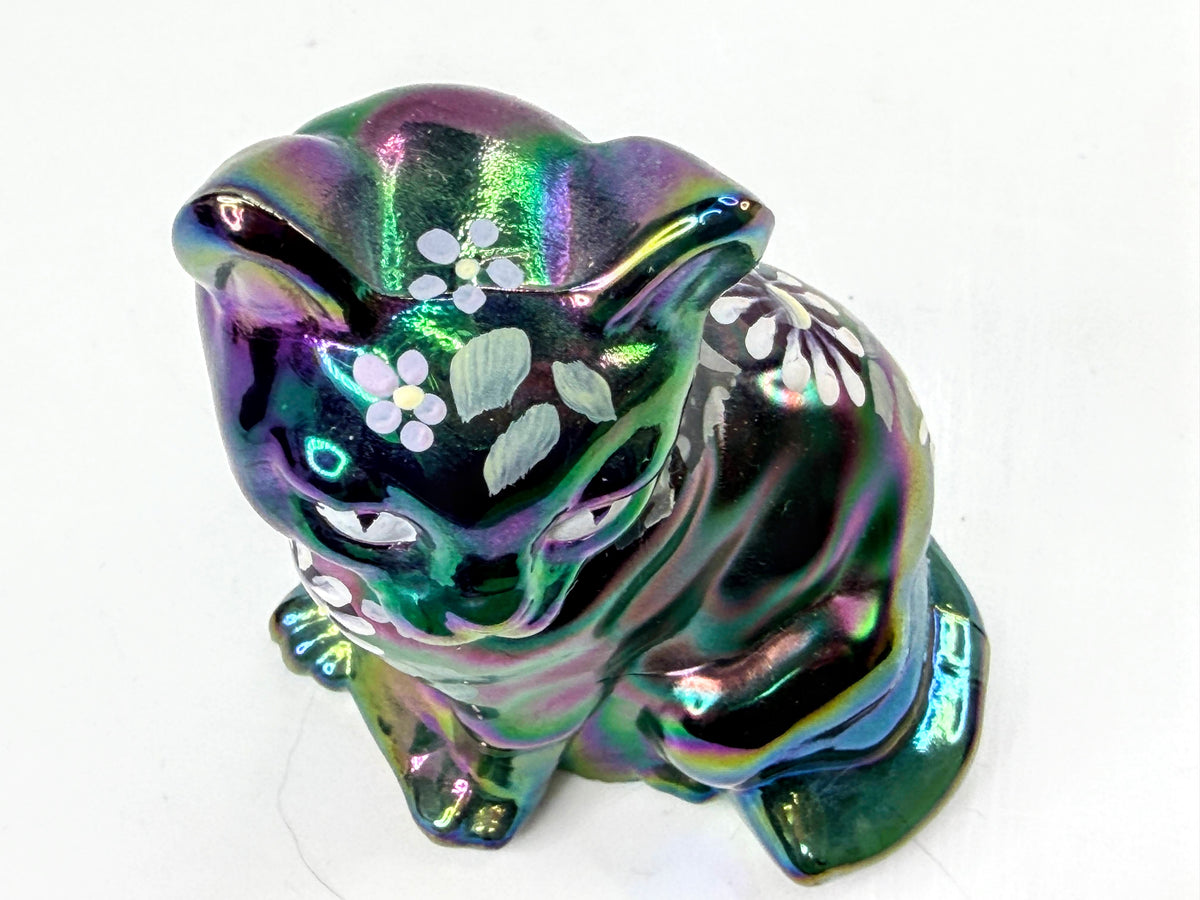 Fenton Spruce Green Carnival Hand-Painted Sitting Cat S. Shepherd A1075