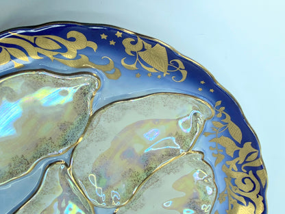 19th cent Haviland Limoges cobalt blue gold encrusted 5 well Oyster plate A436