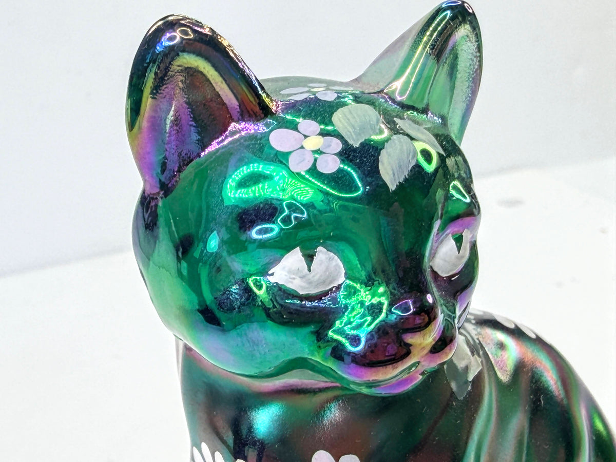 Fenton Spruce Green Carnival Hand-Painted Sitting Cat S. Shepherd A1075