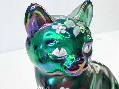 Fenton Spruce Green Carnival Hand-Painted Sitting Cat S. Shepherd A1075