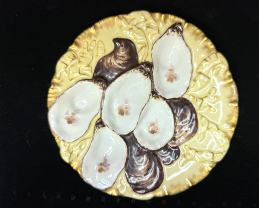 Antique Haviland Limoges Oyster Plate Yellow Ground Floral Wells Gold 8.75" A885