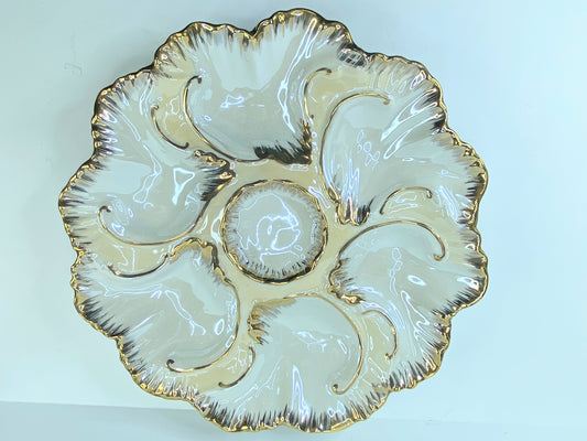 19th century Limoges gold gilt iridescent 6 well oyster plate 9.0" A438
