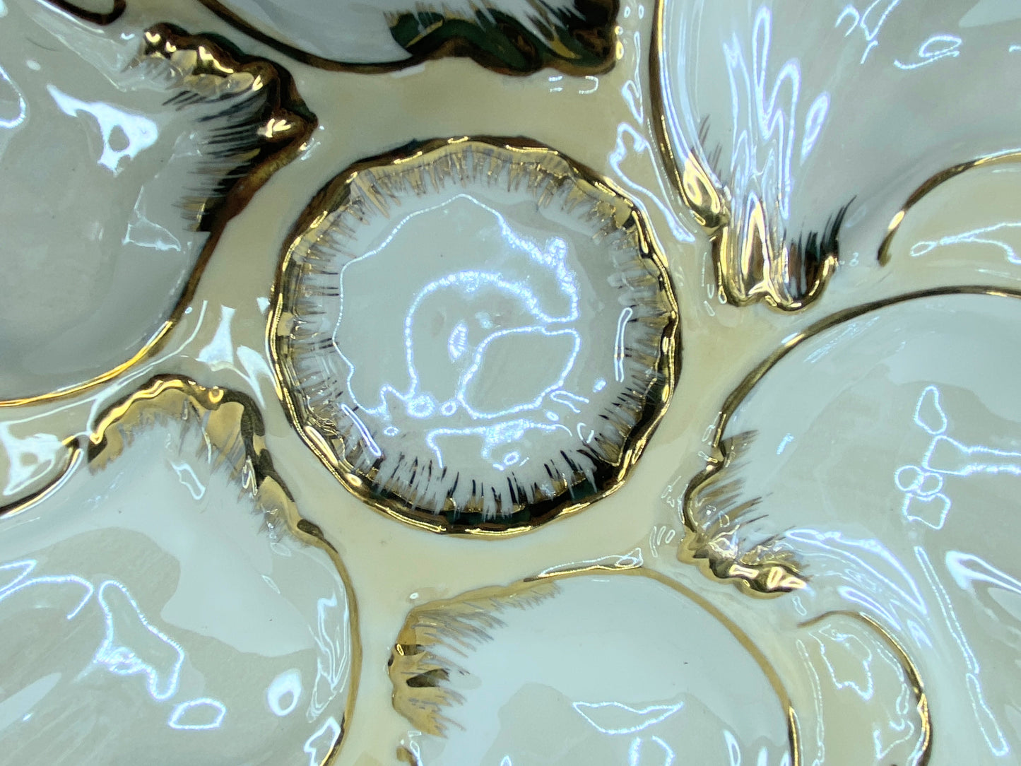 19th century Limoges gold gilt iridescent 6 well oyster plate 9.0" A438