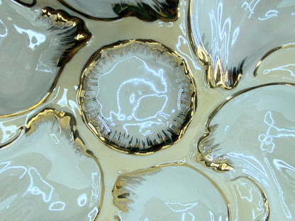 19th century Limoges gold gilt iridescent 6 well oyster plate 9.0" A438